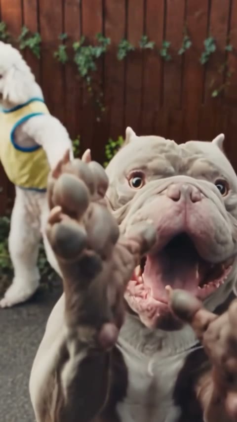 The Smalltown Boy AI trend with two dogs: a bulldog screams along with its paws on its head while a bichon in a yellow vest dances behind